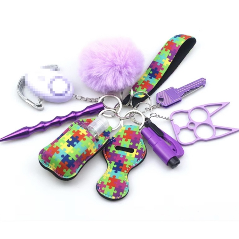 Colorful Puzzle Keychain Set with Purple Accessories